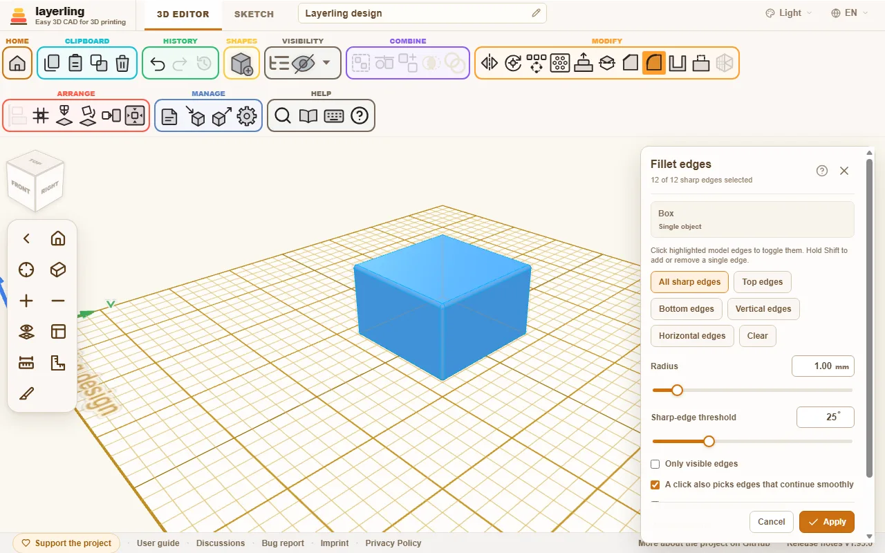 The "Fillet edges" tool: all sharp edges are selected, the picture shows the preview with a 4 mm radius.