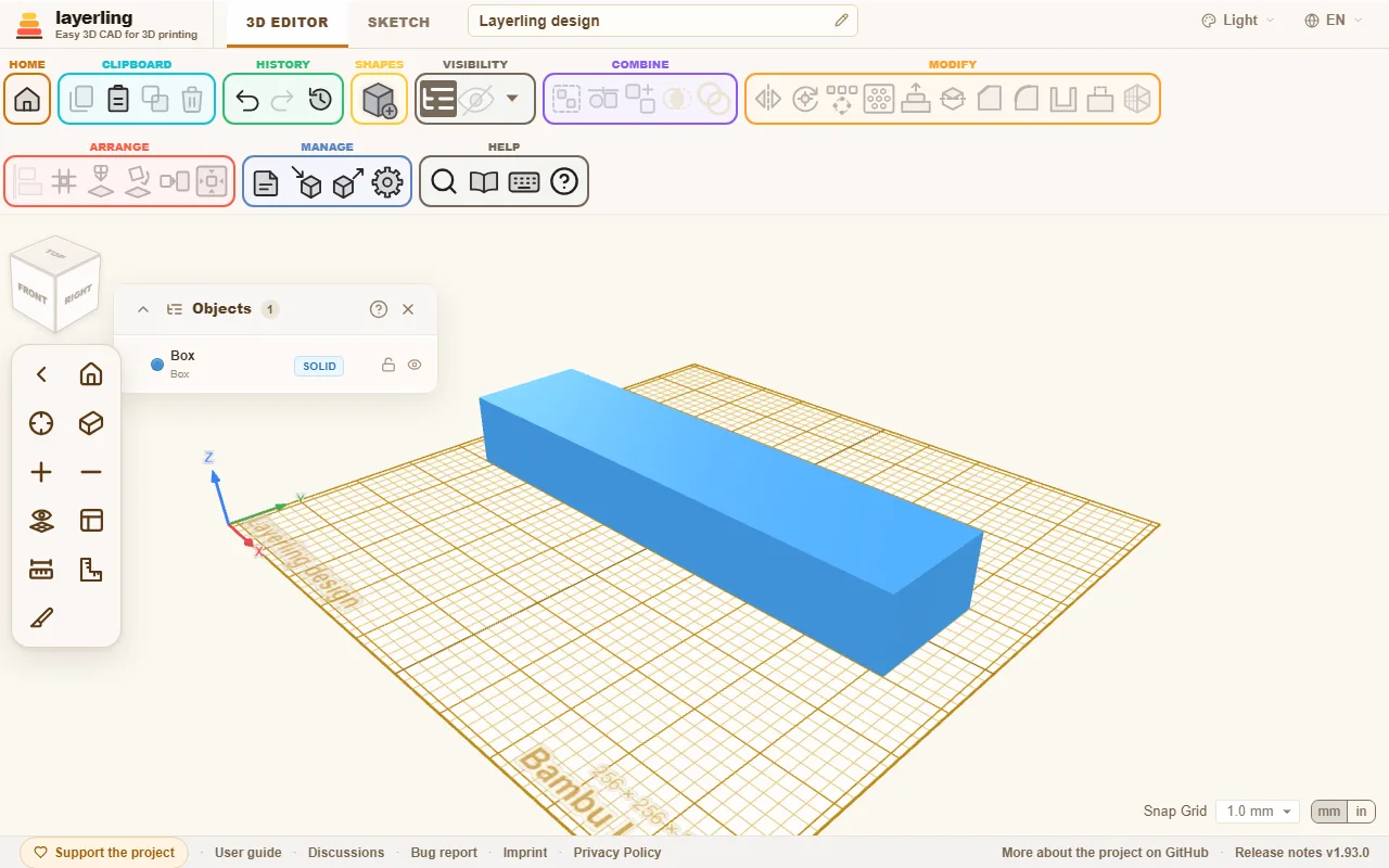 The box is wider than the print bed of the Bambu Lab A1 mini. The message at the bottom says by how much.