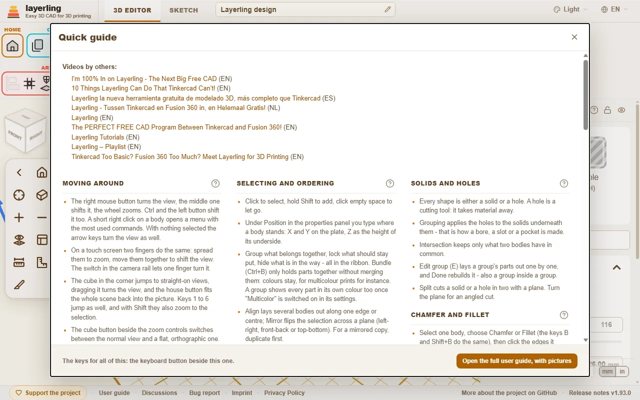 The quick guide in the editor. Videos by others are listed at the top, and every section has a question mark.
