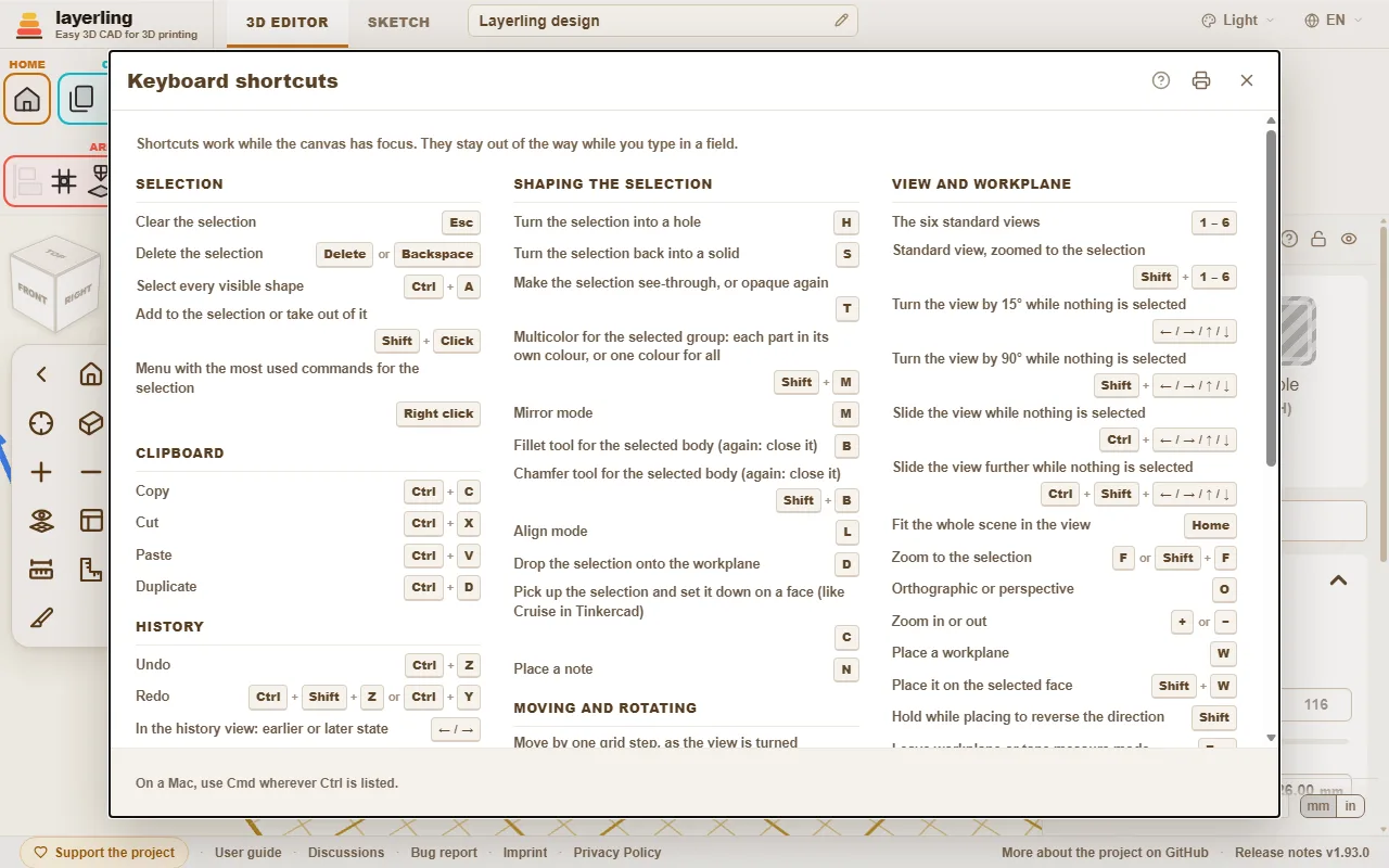 The keyboard shortcuts window in the editor.